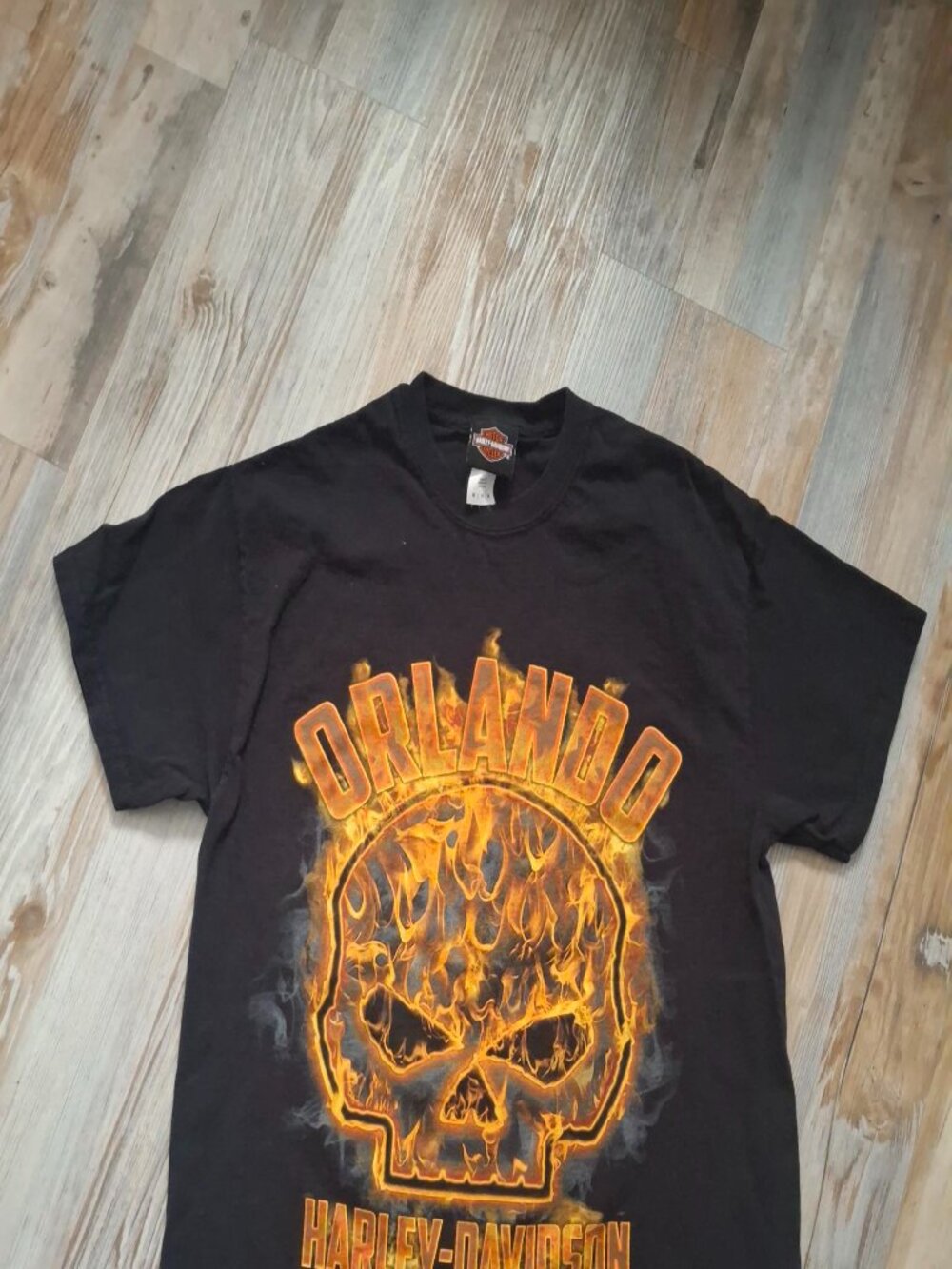 Harley Davidson Orlando FL Skull Flaming Skull Black Tee Shirt Medium